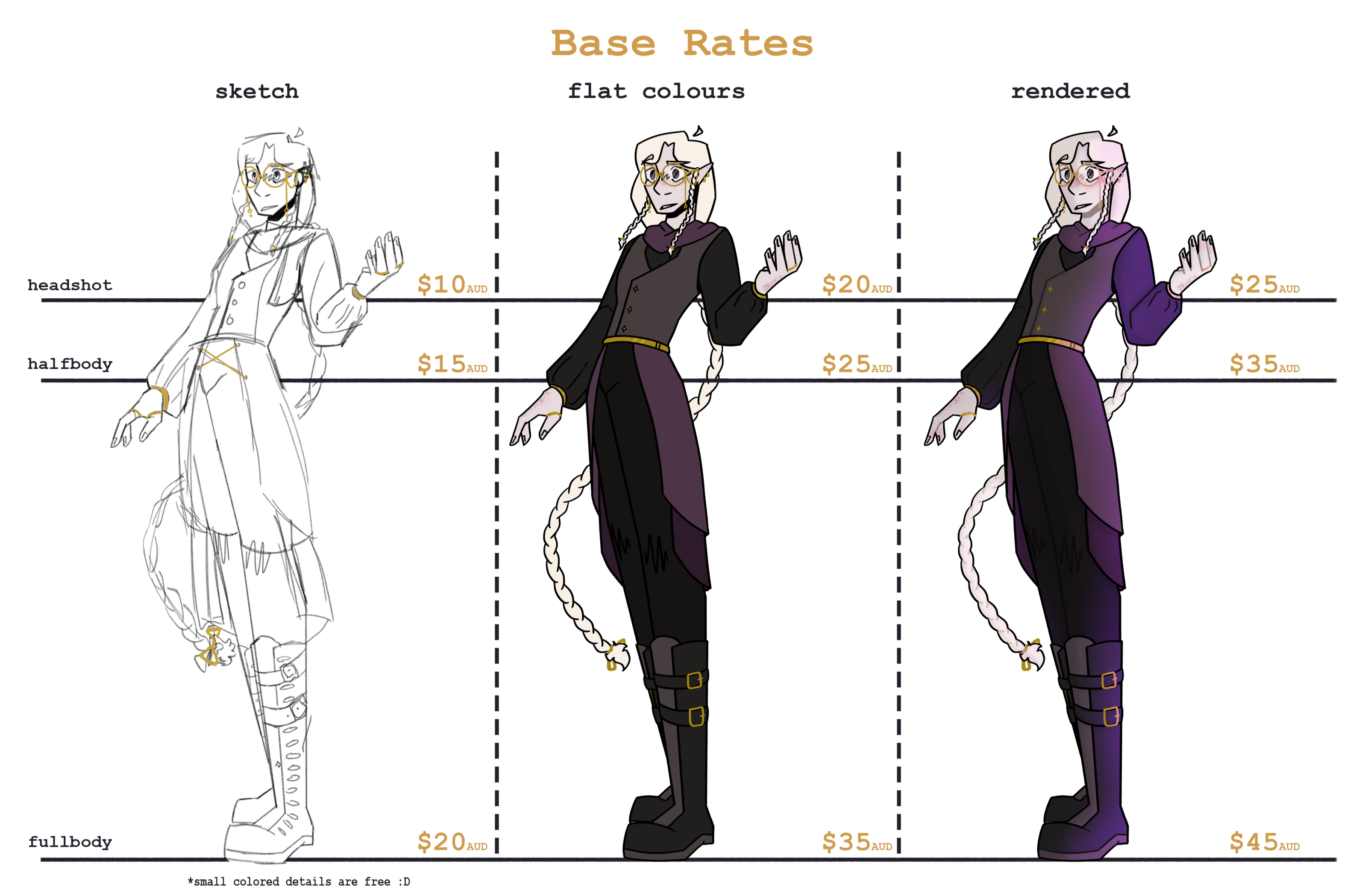 Base Rates Base Rates for my commissions. I cannot fit the pricing in this alt text, so please feel free to message me if you need the prices in text.