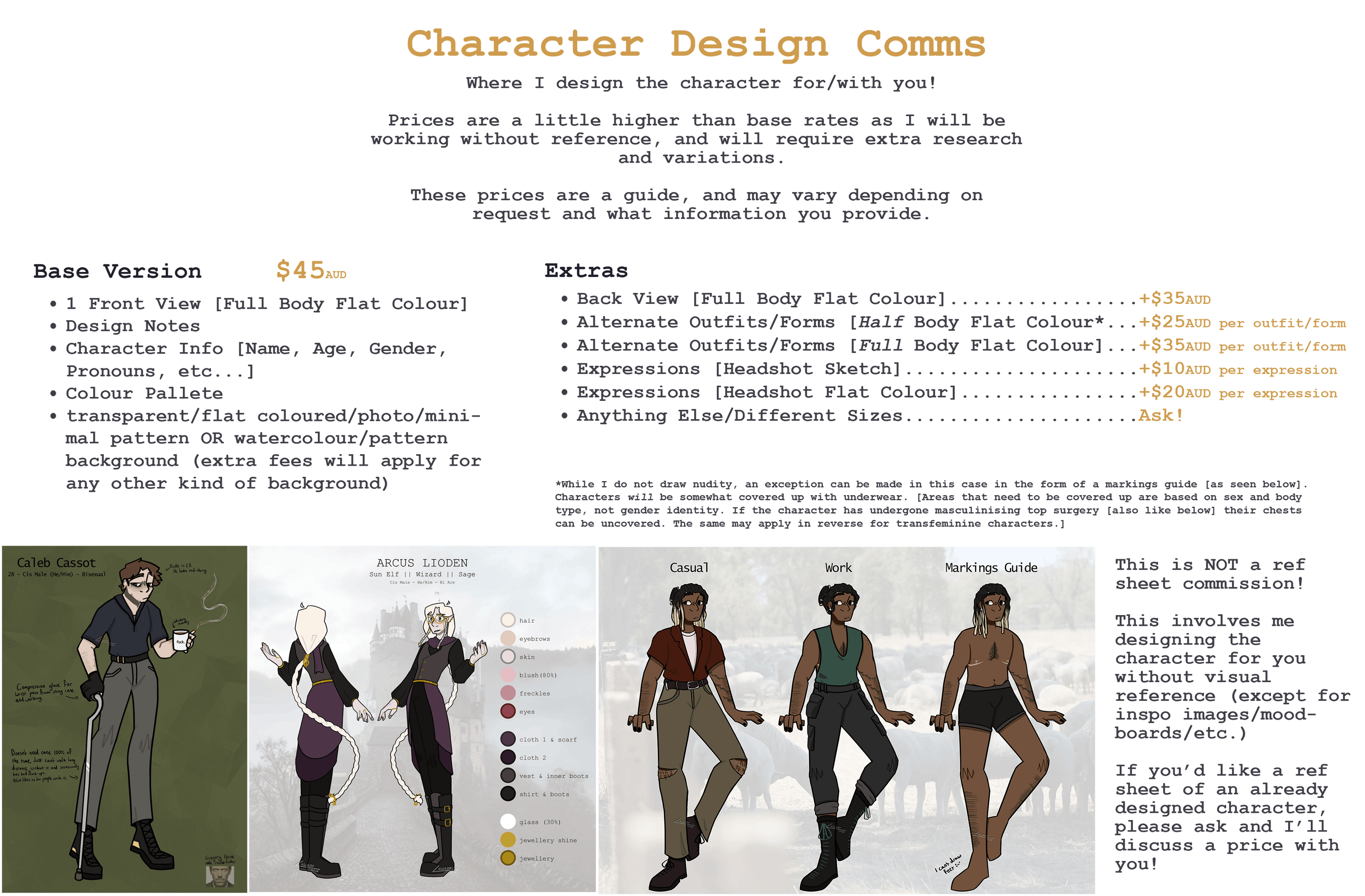 Rates for my Character Design commissions. I cannot fit the pricing in this alt text, so please feel free to message me if you need the prices in text.
